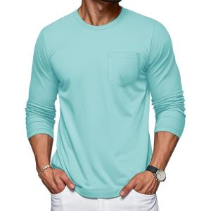 imageMAGCOMSEN Mens Long Sleeve Shirt with Pocket Cotton Crew Neck Shirts Casual Lightweight TShirtLake Blue
