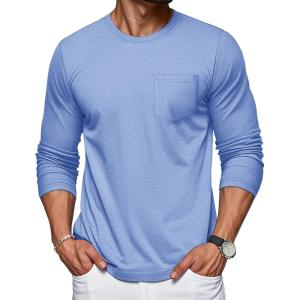 imageMAGCOMSEN Mens Long Sleeve Shirt with Pocket Cotton Crew Neck Shirts Casual Lightweight TShirtLight Blue