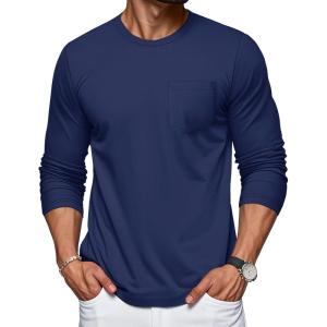 imageMAGCOMSEN Mens Long Sleeve Shirt with Pocket Cotton Crew Neck Shirts Casual Lightweight TShirtNavy