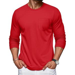 imageMAGCOMSEN Mens Long Sleeve Shirt with Pocket Cotton Crew Neck Shirts Casual Lightweight TShirtRed