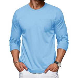 imageMAGCOMSEN Mens Long Sleeve Shirt with Pocket Cotton Crew Neck Shirts Casual Lightweight TShirtWaterfall Blue