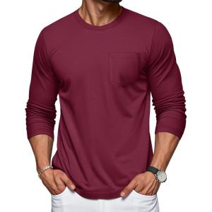 imageMAGCOMSEN Mens Long Sleeve Shirt with Pocket Cotton Crew Neck Shirts Casual Lightweight TShirtWine Red