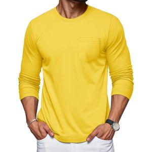 imageMAGCOMSEN Mens Long Sleeve Shirt with Pocket Cotton Crew Neck Shirts Casual Lightweight TShirtYellow