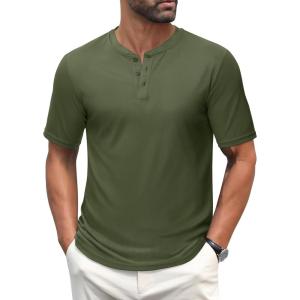 imageMAGCOMSEN Mens Henley Shirts Short Sleeve Casual Collarless Shirt Quick Dry Summer TShirts Golf Workout TopsArmy Green