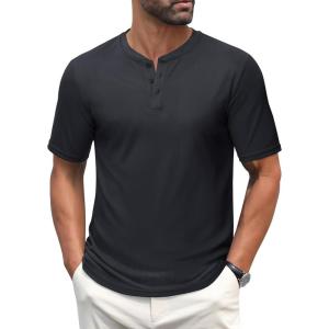 imageMAGCOMSEN Mens Henley Shirts Short Sleeve Casual Collarless Shirt Quick Dry Summer TShirts Golf Workout TopsBlack