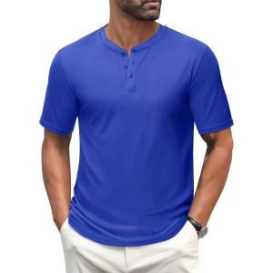imageMAGCOMSEN Mens Henley Shirts Short Sleeve Casual Collarless Shirt Quick Dry Summer TShirts Golf Workout TopsBlue