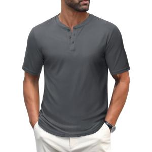 imageMAGCOMSEN Mens Henley Shirts Short Sleeve Casual Collarless Shirt Quick Dry Summer TShirts Golf Workout TopsDark Grey