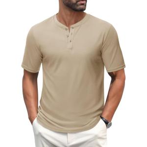 imageMAGCOMSEN Mens Henley Shirts Short Sleeve Casual Collarless Shirt Quick Dry Summer TShirts Golf Workout TopsKhaki