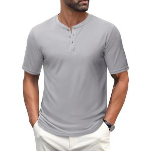 imageMAGCOMSEN Mens Henley Shirts Short Sleeve Casual Collarless Shirt Quick Dry Summer TShirts Golf Workout TopsLight Grey