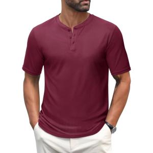 imageMAGCOMSEN Mens Henley Shirts Short Sleeve Casual Collarless Shirt Quick Dry Summer TShirts Golf Workout TopsWine Red
