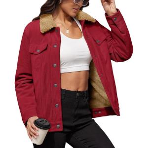 imageMAGCOMSEN Womens Corduroy Jacket Sherpa Fleece Lined Warm Winter Coat Button Down Casual Jacket with PocketsWine Red