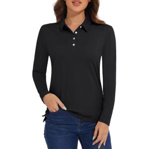 imageMAGCOMSEN Womens Polo Shirts Long Sleeve Golf T Shirt Quick Dry UPF 50 Sun Protection Lightweight Athletic Tennis ShirtsBlack