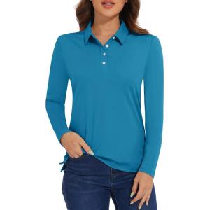 imageMAGCOMSEN Womens Polo Shirts Long Sleeve Golf T Shirt Quick Dry UPF 50 Sun Protection Lightweight Athletic Tennis ShirtsBlue Green