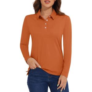 imageMAGCOMSEN Womens Polo Shirts Long Sleeve Golf T Shirt Quick Dry UPF 50 Sun Protection Lightweight Athletic Tennis ShirtsDark Orange
