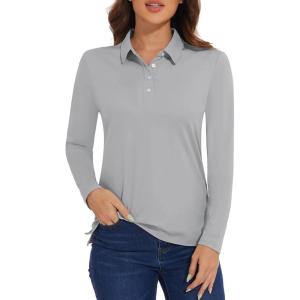 imageMAGCOMSEN Womens Polo Shirts Long Sleeve Golf T Shirt Quick Dry UPF 50 Sun Protection Lightweight Athletic Tennis ShirtsLight Grey