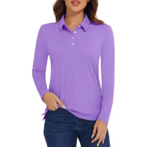 imageMAGCOMSEN Womens Polo Shirts Long Sleeve Golf T Shirt Quick Dry UPF 50 Sun Protection Lightweight Athletic Tennis ShirtsLight Purple