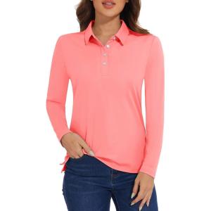 imageMAGCOMSEN Womens Polo Shirts Long Sleeve Golf T Shirt Quick Dry UPF 50 Sun Protection Lightweight Athletic Tennis ShirtsPink
