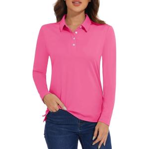 imageMAGCOMSEN Womens Polo Shirts Long Sleeve Golf T Shirt Quick Dry UPF 50 Sun Protection Lightweight Athletic Tennis ShirtsRose Red