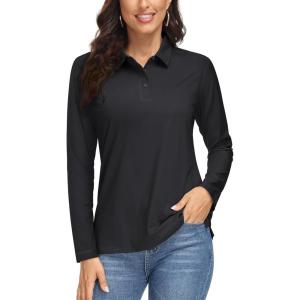 imageMAGCOMSEN Womens Long Sleeve Golf Shirts UPF 50 Polo Moisture Wicking 3Button Placket Casual Shirt for Tennis SportsBlack