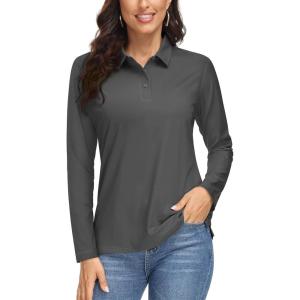 imageMAGCOMSEN Womens Long Sleeve Golf Shirts UPF 50 Polo Moisture Wicking 3Button Placket Casual Shirt for Tennis SportsDark Grey