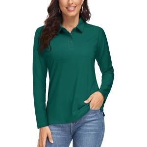imageMAGCOMSEN Womens Long Sleeve Golf Shirts UPF 50 Polo Moisture Wicking 3Button Placket Casual Shirt for Tennis SportsEmerald Green