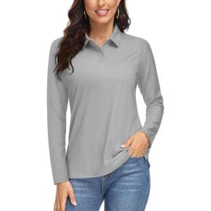 imageMAGCOMSEN Womens Long Sleeve Golf Shirts UPF 50 Polo Moisture Wicking 3Button Placket Casual Shirt for Tennis SportsLight Grey