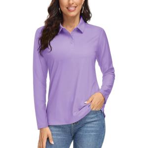 imageMAGCOMSEN Womens Long Sleeve Golf Shirts UPF 50 Polo Moisture Wicking 3Button Placket Casual Shirt for Tennis SportsLight Purple