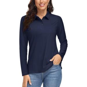 imageMAGCOMSEN Womens Long Sleeve Golf Shirts UPF 50 Polo Moisture Wicking 3Button Placket Casual Shirt for Tennis SportsNavy