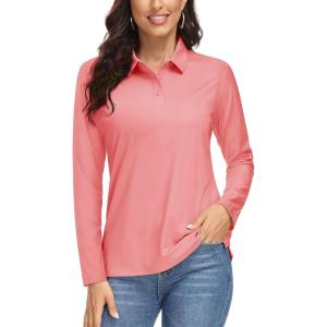 imageMAGCOMSEN Womens Long Sleeve Golf Shirts UPF 50 Polo Moisture Wicking 3Button Placket Casual Shirt for Tennis SportsPink