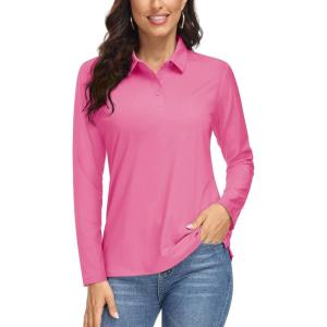 imageMAGCOMSEN Womens Long Sleeve Golf Shirts UPF 50 Polo Moisture Wicking 3Button Placket Casual Shirt for Tennis SportsRose