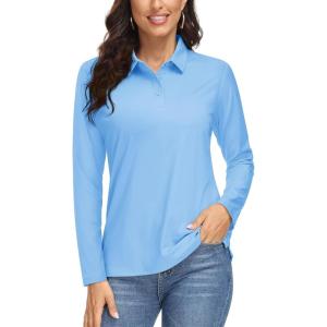 imageMAGCOMSEN Womens Long Sleeve Golf Shirts UPF 50 Polo Moisture Wicking 3Button Placket Casual Shirt for Tennis SportsWaterfall Blue