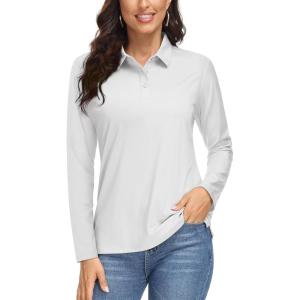 imageMAGCOMSEN Womens Long Sleeve Golf Shirts UPF 50 Polo Moisture Wicking 3Button Placket Casual Shirt for Tennis SportsWhite