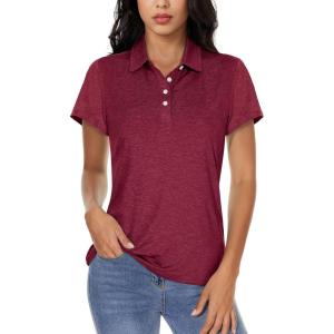 imageMAGCOMSEN Womens Polo Shirts Short Sleeve 4Button Casual Work Collared Shirts Moisture Wicking Golf ShirtsWine Red
