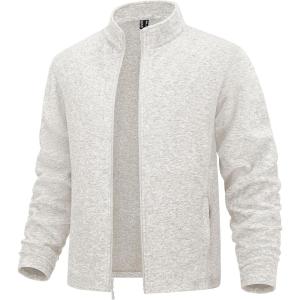 imageMAGCOMSEN Mens Fleece Full Zip Jacket Lightweight Stand Collar Jackets Soft Warm Windproof Casual Coats with Zipper PocketsBeige