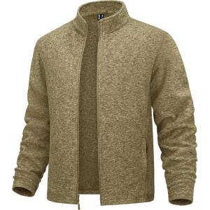 imageMAGCOMSEN Mens Fleece Full Zip Jacket Lightweight Stand Collar Jackets Soft Warm Windproof Casual Coats with Zipper PocketsBrown