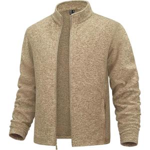 imageMAGCOMSEN Mens Fleece Full Zip Jacket Lightweight Stand Collar Jackets Soft Warm Windproof Casual Coats with Zipper PocketsKhaki