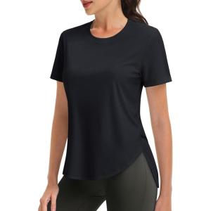 imageMAGCOMSEN Women Workout Short Sleeve Tops UPF 50 Sun T Shirt Quick Dry Moisture Wicking Shirts for Yoga Running HikingBlack