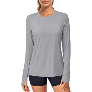 imageMAGCOMSEN Womens Long Sleeve Shirts UPF 80 Quick Dry Athletic Workout Tee Shirts with Thumb Holes Rash Guard Swim TopsLight Grey