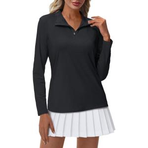 imageMAGCOMSEN Womens Quarter Zip Pullover Long Sleeve UPF 50 Rashguard Golf Sun Protection Shirts Quick Dry Workout TopsBlack