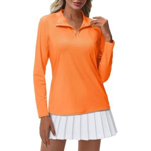 imageMAGCOMSEN Womens Quarter Zip Pullover Long Sleeve UPF 50 Rashguard Golf Sun Protection Shirts Quick Dry Workout TopsFluorescent Orange