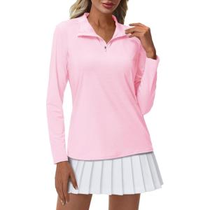 imageMAGCOMSEN Womens Quarter Zip Pullover Long Sleeve UPF 50 Rashguard Golf Sun Protection Shirts Quick Dry Workout TopsLight Pink