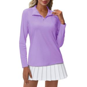 imageMAGCOMSEN Womens Quarter Zip Pullover Long Sleeve UPF 50 Rashguard Golf Sun Protection Shirts Quick Dry Workout TopsLight Purple