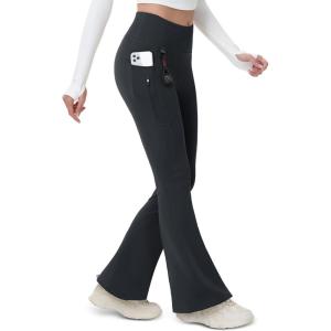 imageMAGCOMSEN Womens Fleece Lined Flare Leggings Waterproof Insulated Winter Pants Hiking Yoga Bootcut Leggings 3 PocketsBlack