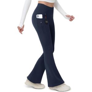 imageMAGCOMSEN Womens Fleece Lined Flare Leggings Waterproof Insulated Winter Pants Hiking Yoga Bootcut Leggings 3 PocketsNavy