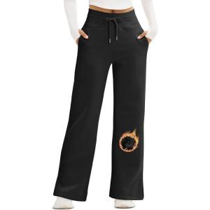 imageMAGCOMSEN Womens Fleece Lined Sweatpants Wide Leg Warm Winter Thick Baggy High Waist Lounge Sweat Pants with PocketsBlack