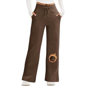 imageMAGCOMSEN Womens Fleece Lined Sweatpants Wide Leg Warm Winter Thick Baggy High Waist Lounge Sweat Pants with PocketsDark Brown