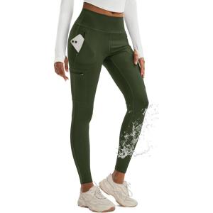 imageMAGCOMSEN Womens Hiking Leggings with 4 Zipper Pockets Water Resistant High Waisted Cargo Leggings Workout Running YogaArmy Green