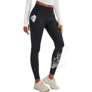 imageMAGCOMSEN Womens Hiking Leggings with 4 Zipper Pockets Water Resistant High Waisted Cargo Leggings Workout Running YogaBlack