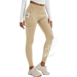 imageMAGCOMSEN Womens Hiking Leggings with 4 Zipper Pockets Water Resistant High Waisted Cargo Leggings Workout Running YogaLight Khaki