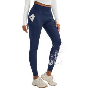 imageMAGCOMSEN Womens Hiking Leggings with 4 Zipper Pockets Water Resistant High Waisted Cargo Leggings Workout Running YogaNavy
